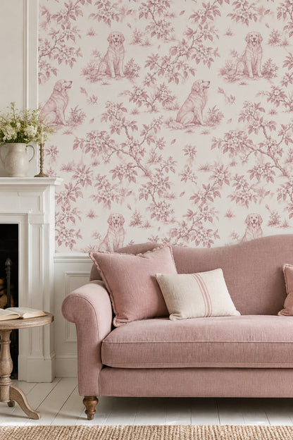 Golden Retriever Toile Wallpaper Pink Line Art On Ivory Background