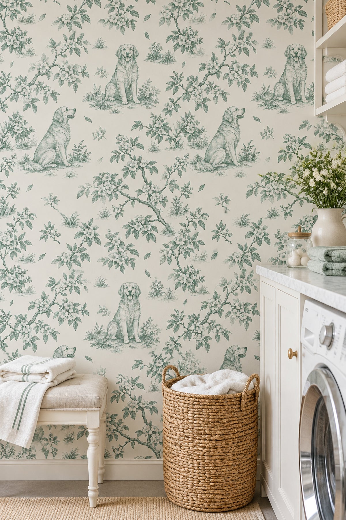 Sitting Dogs Toile Wallpaper Sage Green On Cream