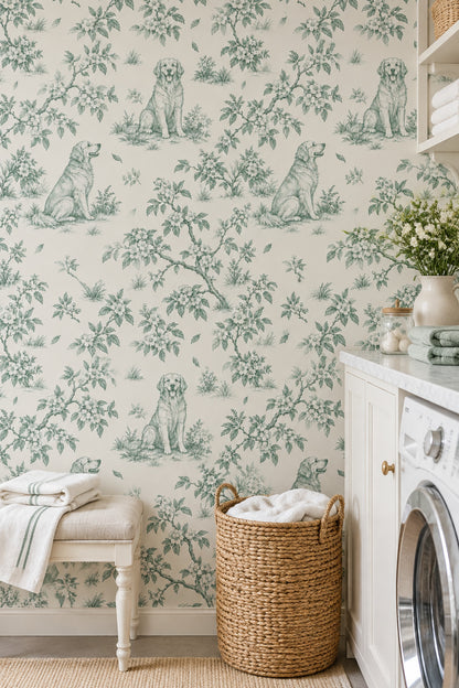 Sitting Dogs Toile Wallpaper Sage Green On Cream