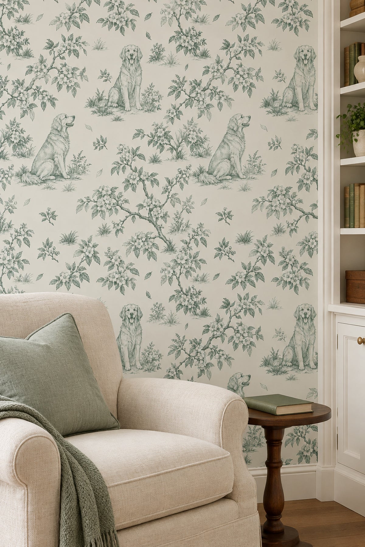 Sitting Dogs Toile Wallpaper Sage Green On Cream