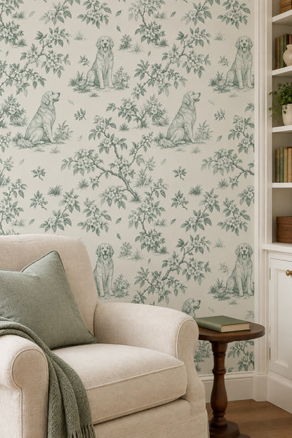 Sitting Dogs Toile Wallpaper Sage Green On Cream