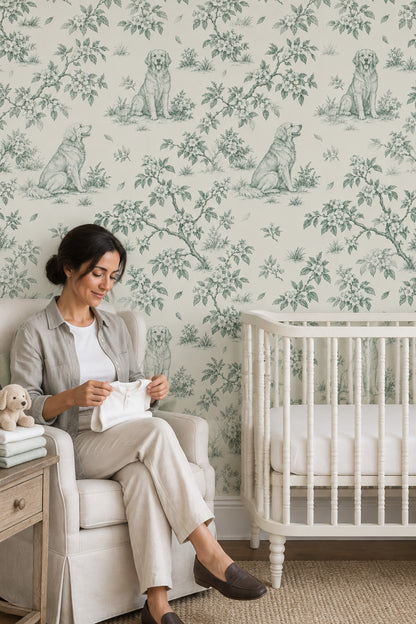 Sitting Dogs Toile Wallpaper Sage Green On Cream