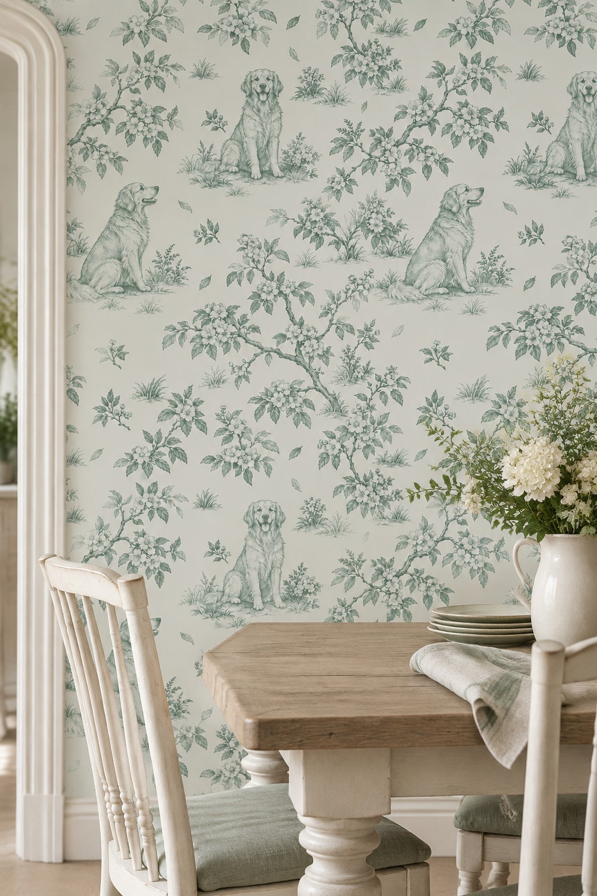 Sitting Dogs Toile Wallpaper Sage Green On Cream