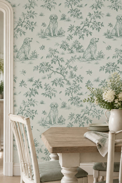 Sitting Dogs Toile Wallpaper Sage Green On Cream