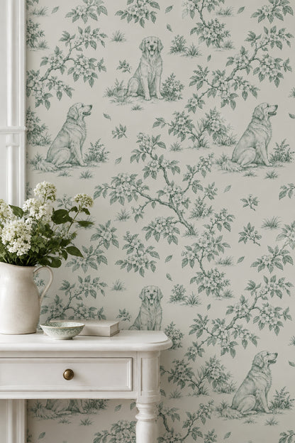 Sitting Dogs Toile Wallpaper Sage Green On Cream