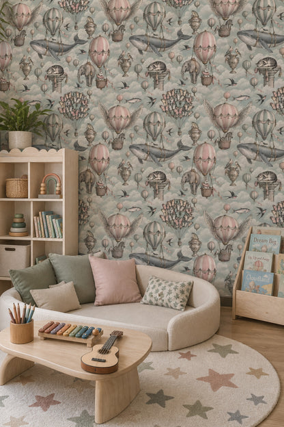 Flying Animals And Hot Air Balloons Wallpaper Soft Pastel Sky
