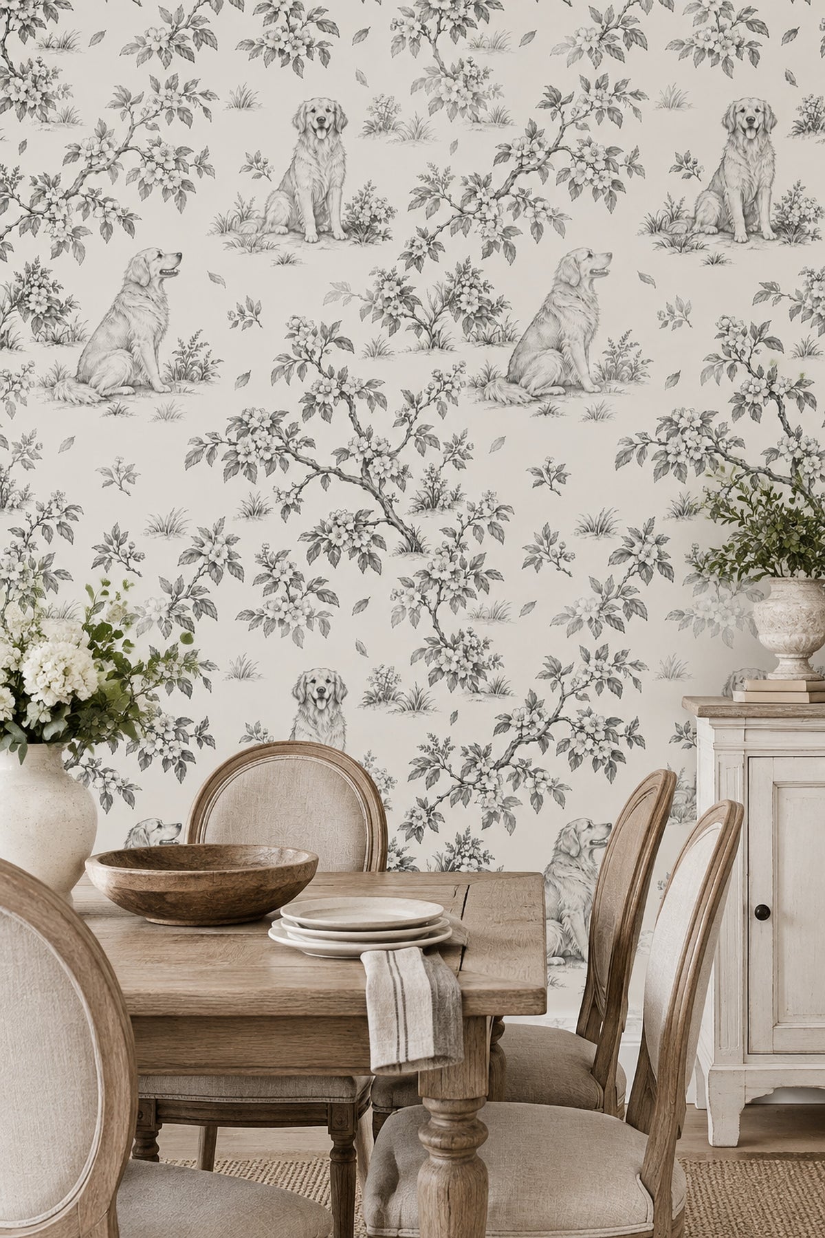 Vintage Inspired Dogs And Floral Toile Wallpaper Light Beige