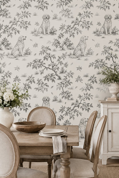 Vintage Inspired Dogs And Floral Toile Wallpaper Light Beige