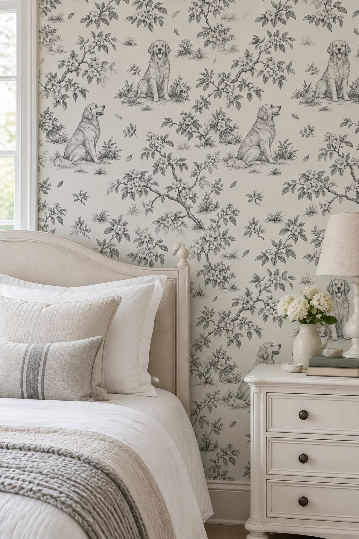Vintage Inspired Dogs And Floral Toile Wallpaper Light Beige