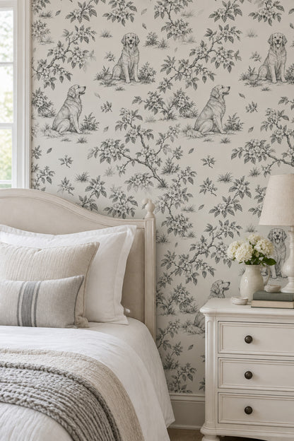 Vintage Inspired Dogs And Floral Toile Wallpaper Light Beige