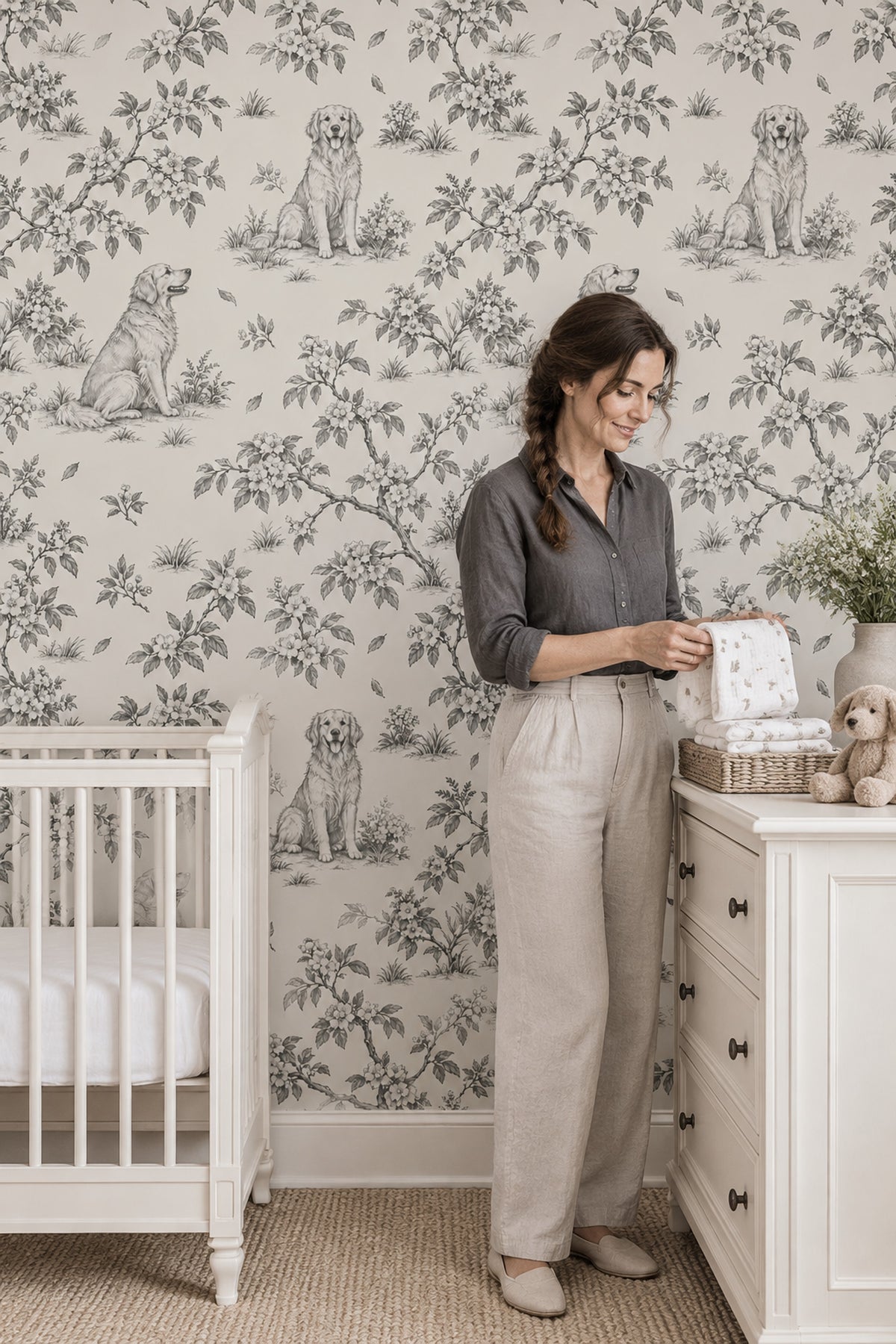 Vintage Inspired Dogs And Floral Toile Wallpaper Light Beige