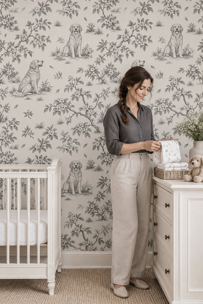Vintage Inspired Dogs And Floral Toile Wallpaper Light Beige