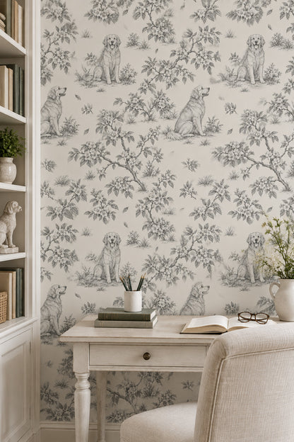 Vintage Inspired Dogs And Floral Toile Wallpaper Light Beige
