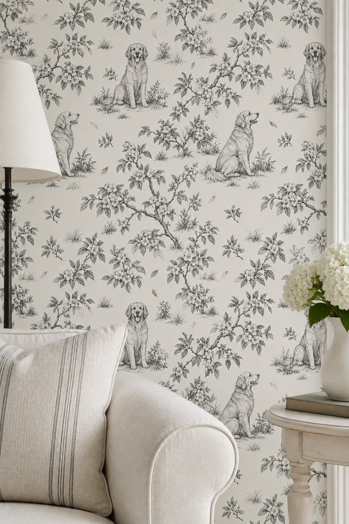 Vintage Inspired Dogs And Floral Toile Wallpaper Light Beige