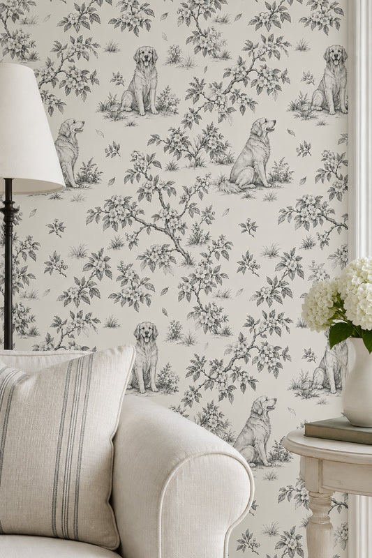 Vintage Inspired Dogs And Floral Toile Wallpaper Light Beige