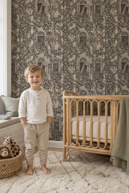 Giraffe And Monkey Wallpaper Vintage Inspired Toile Gray Botanical