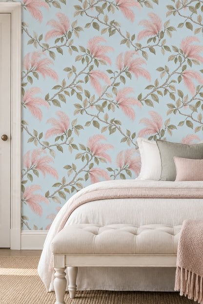 Pink Plume Blossoms Wallpaper Muted Green Leaves On Pastel Blue
