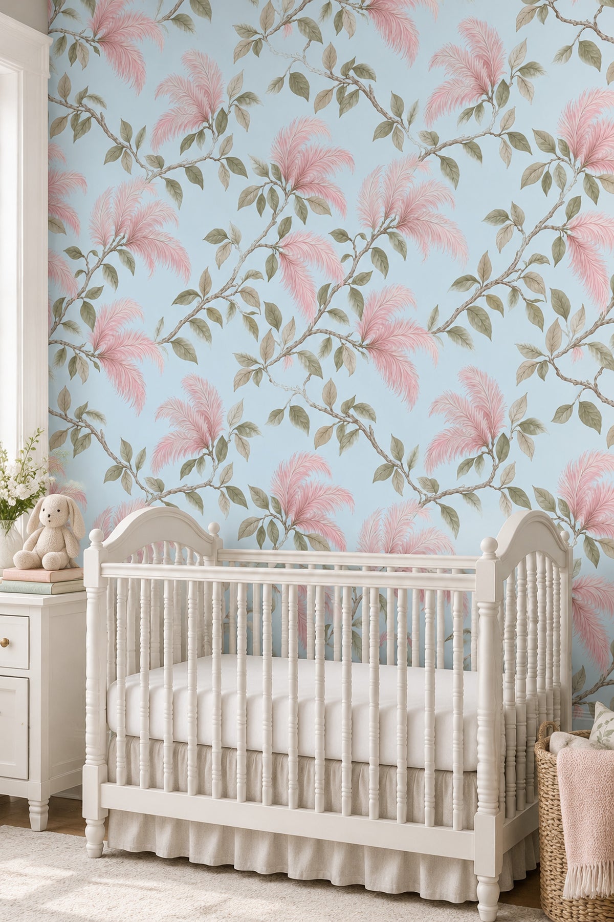 Pink Plume Blossoms Wallpaper Muted Green Leaves On Pastel Blue