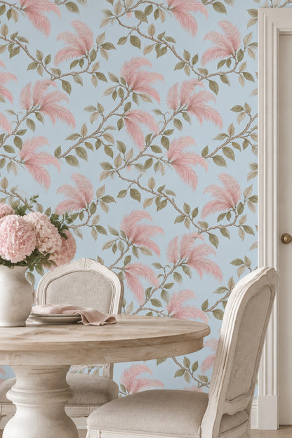 Pink Plume Blossoms Wallpaper Muted Green Leaves On Pastel Blue