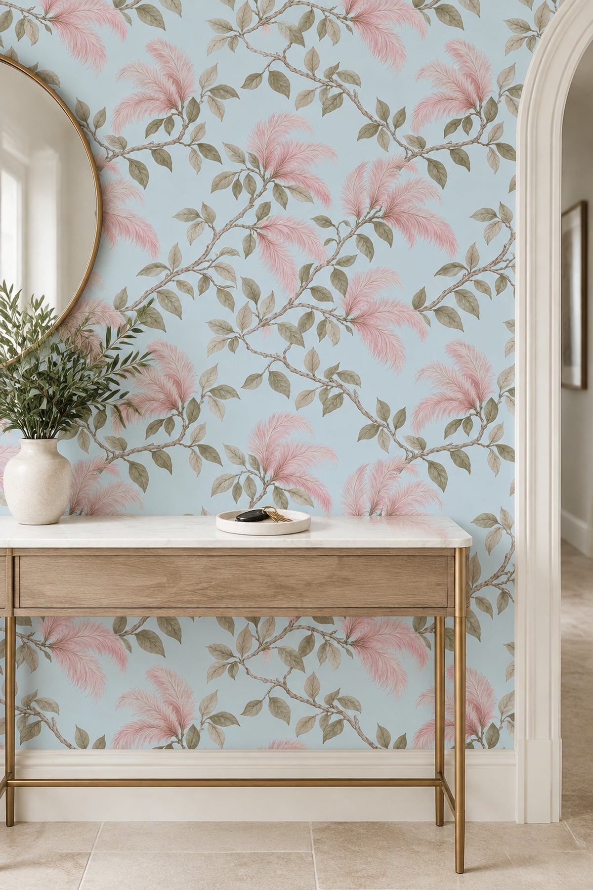 Pink Plume Blossoms Wallpaper Muted Green Leaves On Pastel Blue