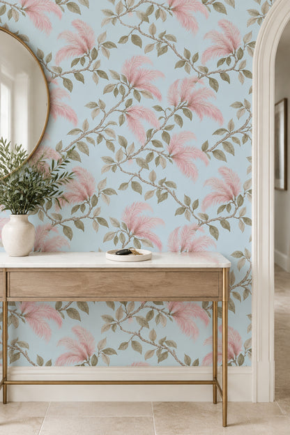 Pink Plume Blossoms Wallpaper Muted Green Leaves On Pastel Blue