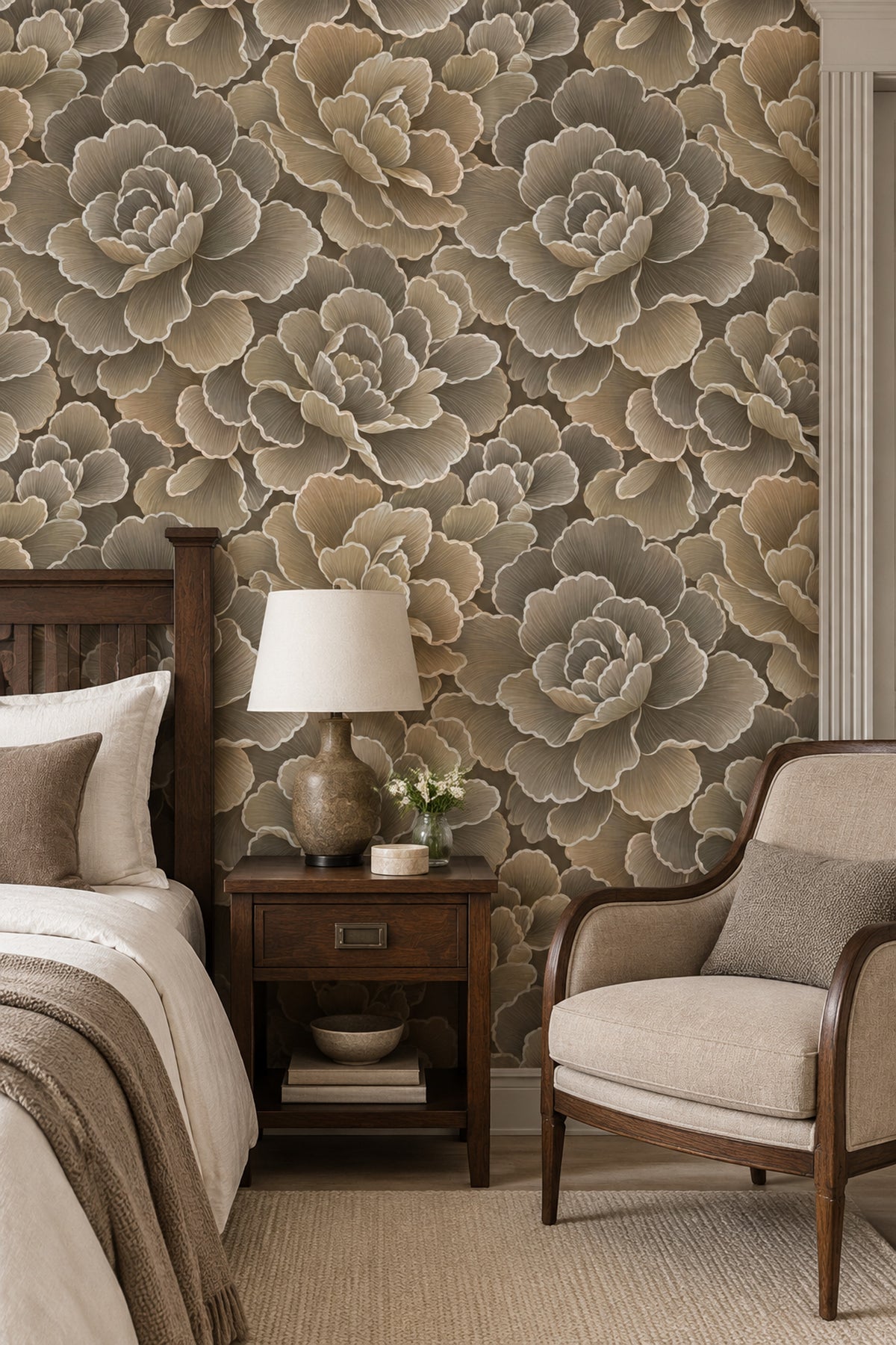 Layered Peony Wallpaper Neutral Taupe And Beige Outline Floral