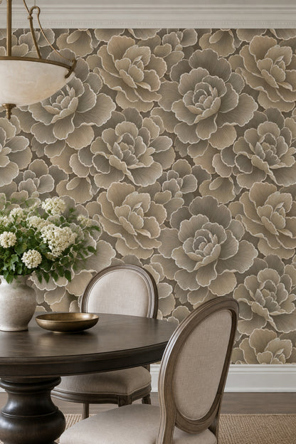 Layered Peony Wallpaper Neutral Taupe And Beige Outline Floral