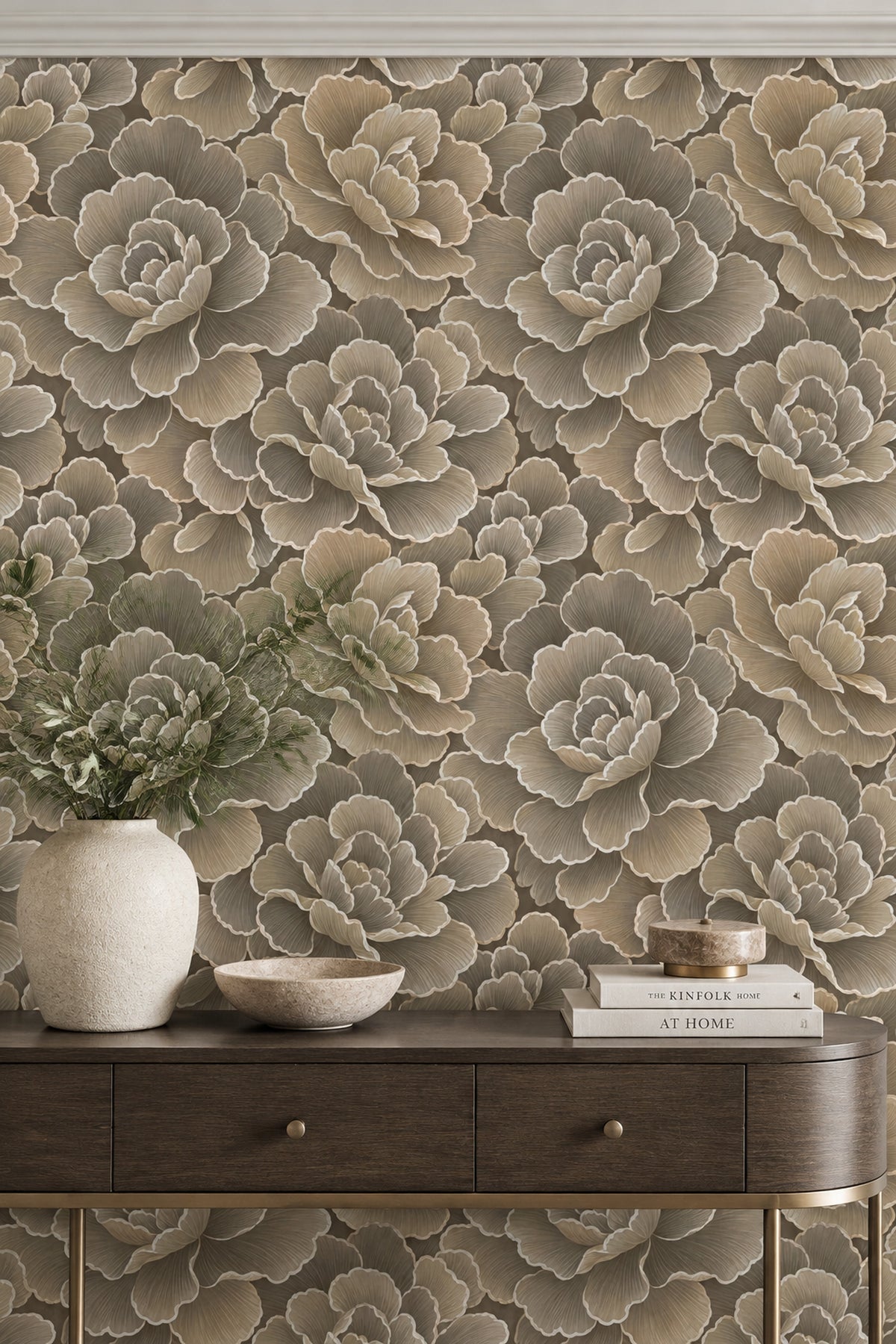 Layered Peony Wallpaper Neutral Taupe And Beige Outline Floral