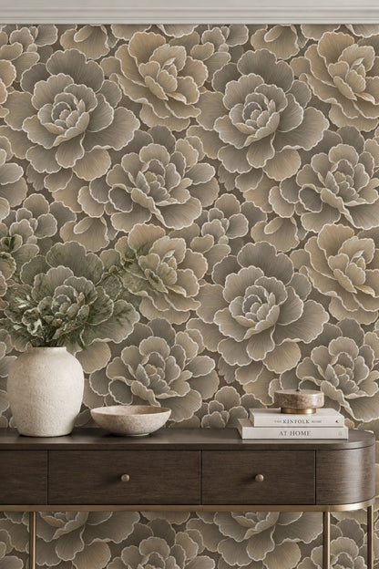 Layered Peony Wallpaper Neutral Taupe And Beige Outline Floral