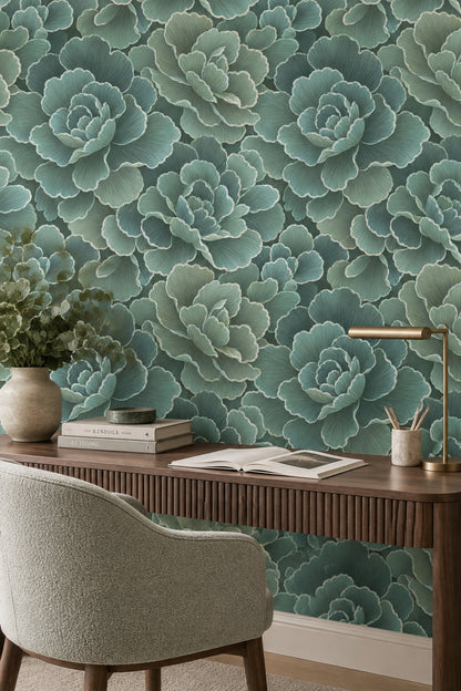 Layered Botanical Flowers Wallpaper In Sage And Teal Watercolor Texture