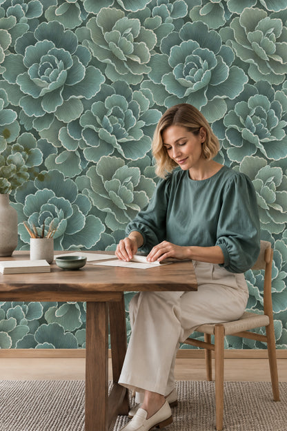 Layered Botanical Flowers Wallpaper In Sage And Teal Watercolor Texture