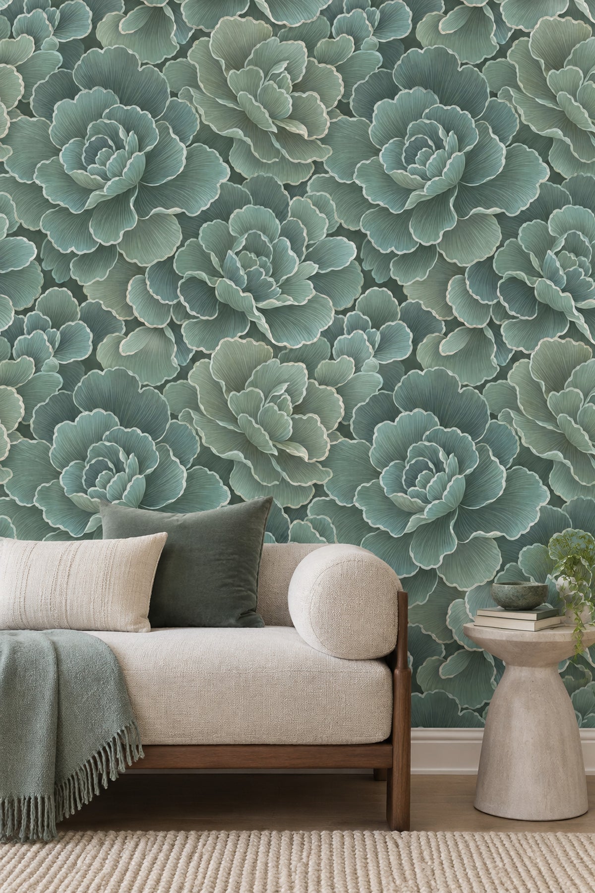 Layered Botanical Flowers Wallpaper In Sage And Teal Watercolor Texture