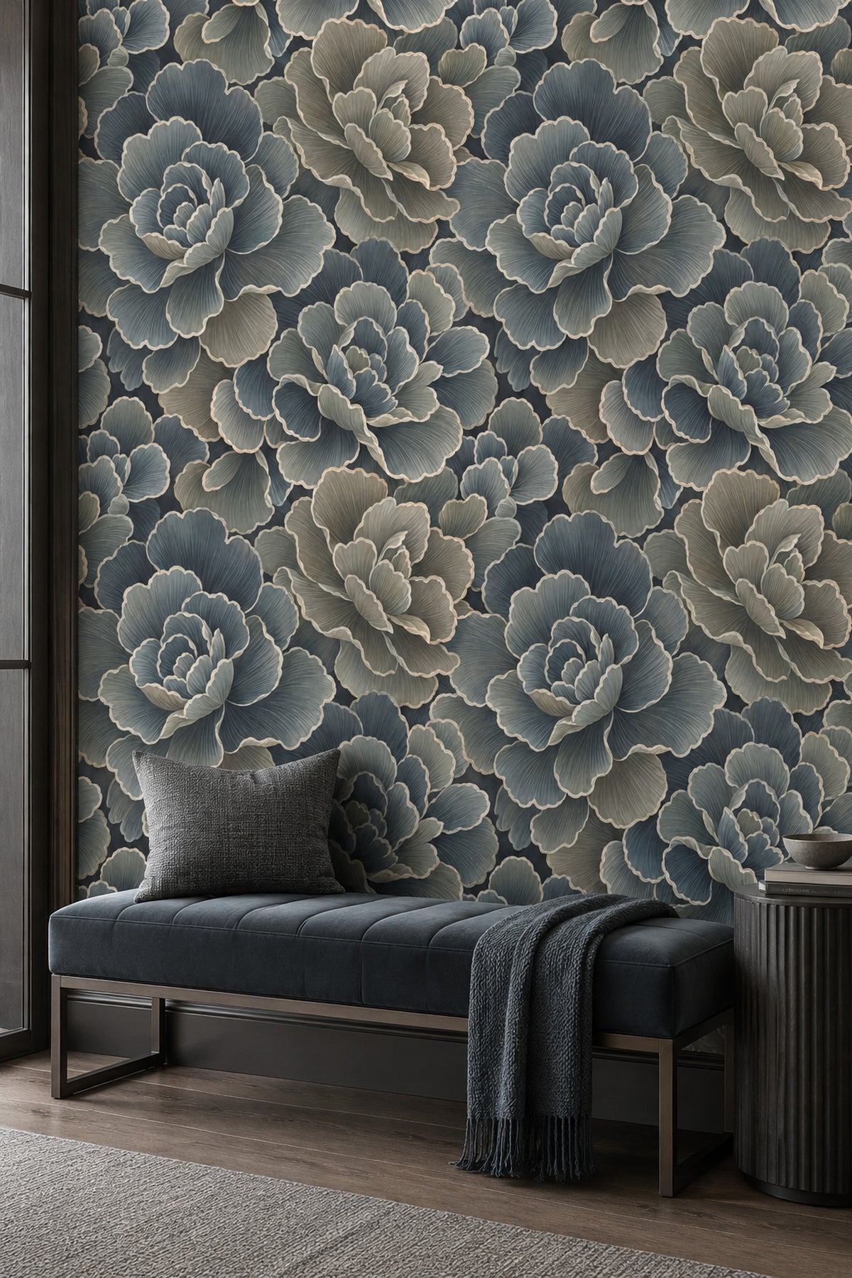 Layered Dark Floral Wallpaper In Teal And Navy With Cream Outlines