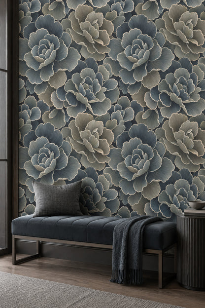 Layered Dark Floral Wallpaper In Teal And Navy With Cream Outlines