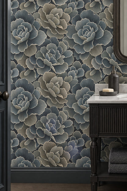 Layered Dark Floral Wallpaper In Teal And Navy With Cream Outlines