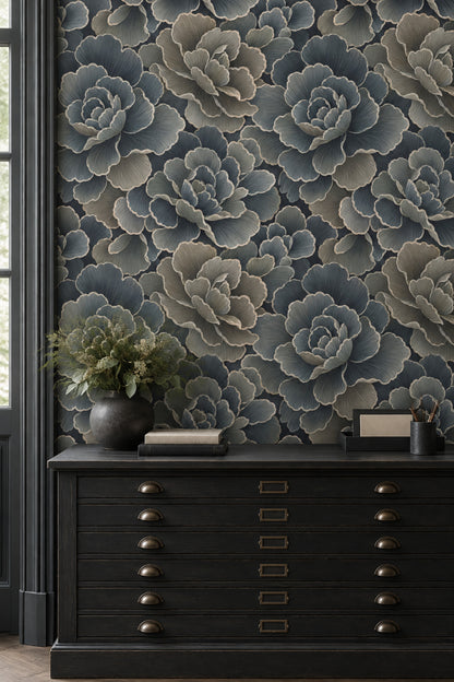 Layered Dark Floral Wallpaper In Teal And Navy With Cream Outlines