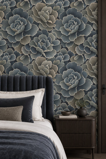 Layered Dark Floral Wallpaper In Teal And Navy With Cream Outlines