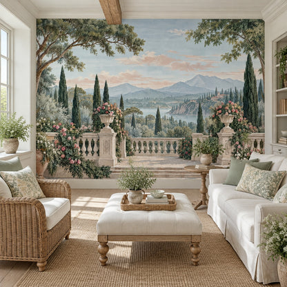 Tuscan Terrace Garden Wallpaper Mural, Vintage Inspired Mediterranean Landscape
