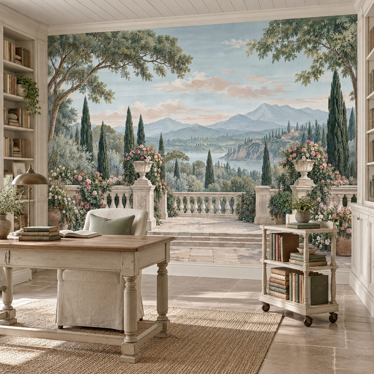 Tuscan Terrace Garden Wallpaper Mural, Vintage Inspired Mediterranean Landscape