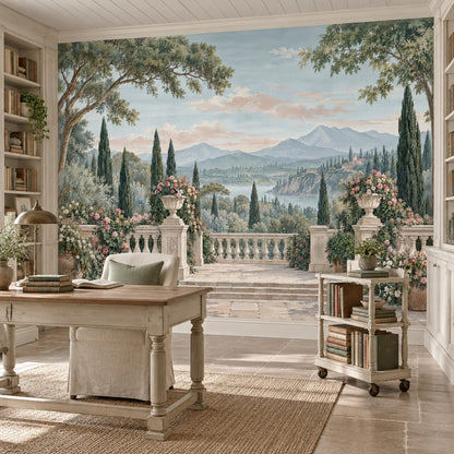 Tuscan Terrace Garden Wallpaper Mural, Vintage Inspired Mediterranean Landscape