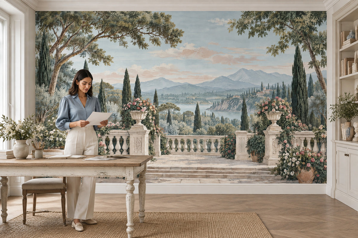 Tuscan Terrace Garden Wallpaper Mural, Vintage Inspired Mediterranean Landscape