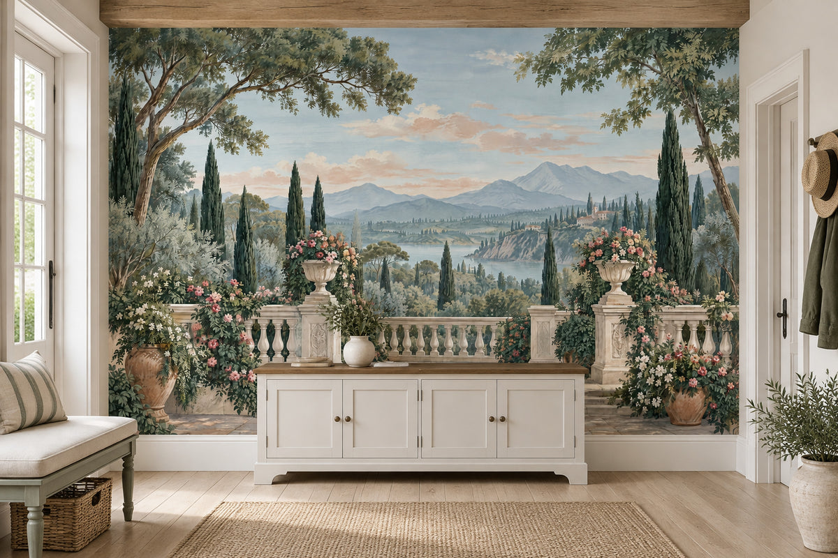 Tuscan Terrace Garden Wallpaper Mural, Vintage Inspired Mediterranean Landscape