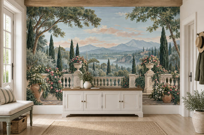 Tuscan Terrace Garden Wallpaper Mural, Vintage Inspired Mediterranean Landscape