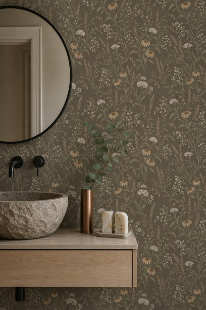 Wildflower Stems Wallpaper Taupe Background Vintage Inspired Botanical