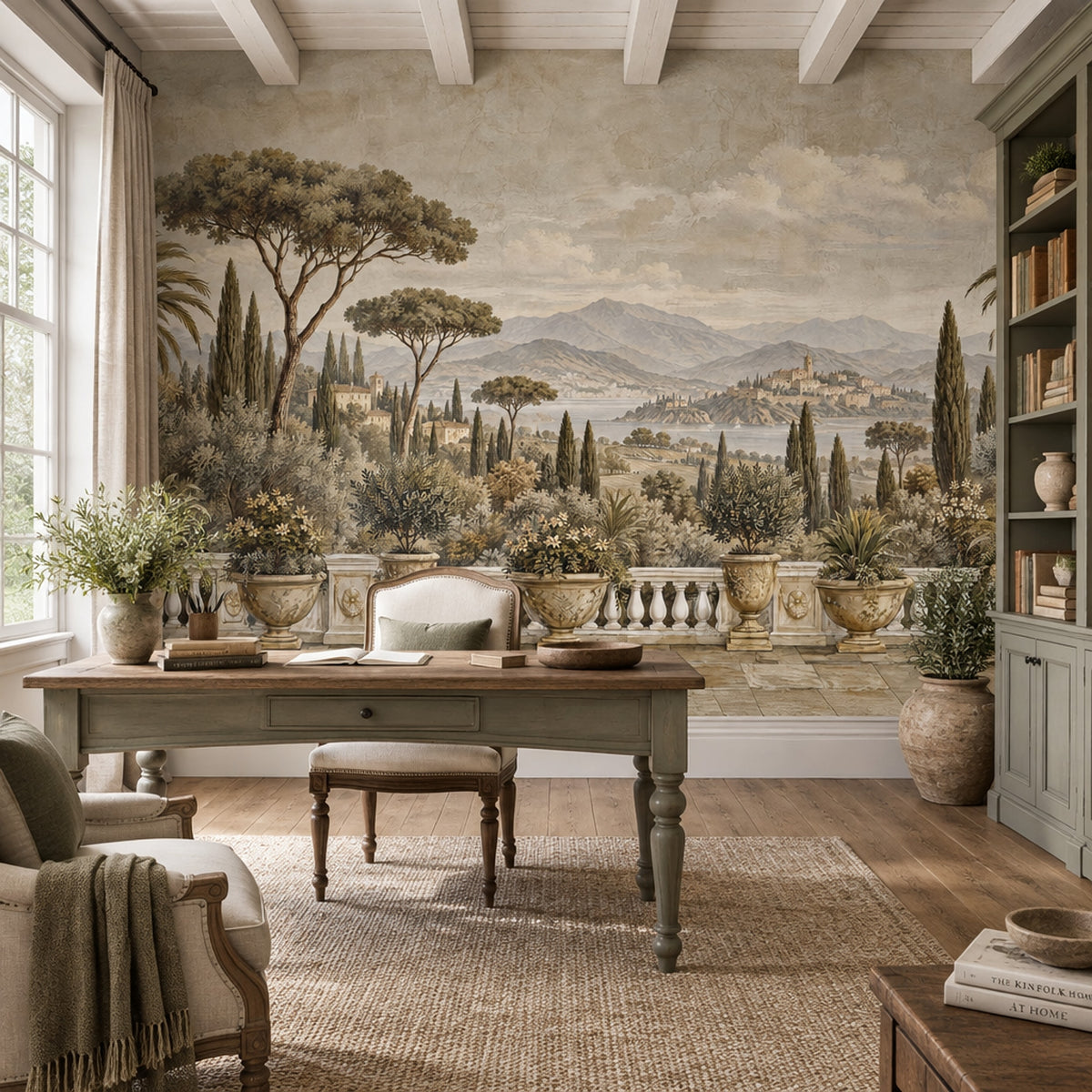 Tuscan Terrace Landscape Wallpaper Mural In Sepia Beige Vintage Inspired Fresco Style