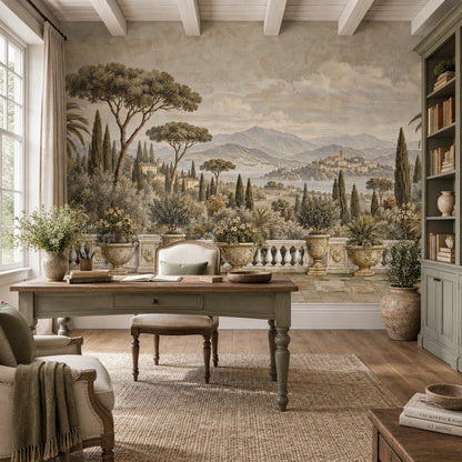 Tuscan Terrace Landscape Wallpaper Mural In Sepia Beige Vintage Inspired Fresco Style