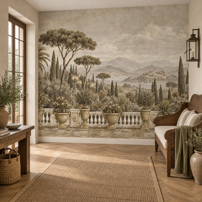 Tuscan Terrace Landscape Wallpaper Mural In Sepia Beige Vintage Inspired Fresco Style