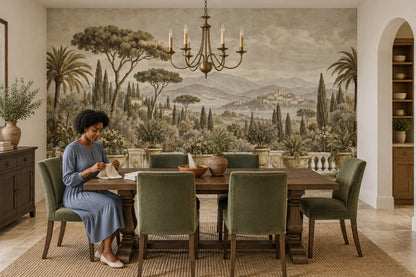Tuscan Terrace Landscape Wallpaper Mural In Sepia Beige Vintage Inspired Fresco Style