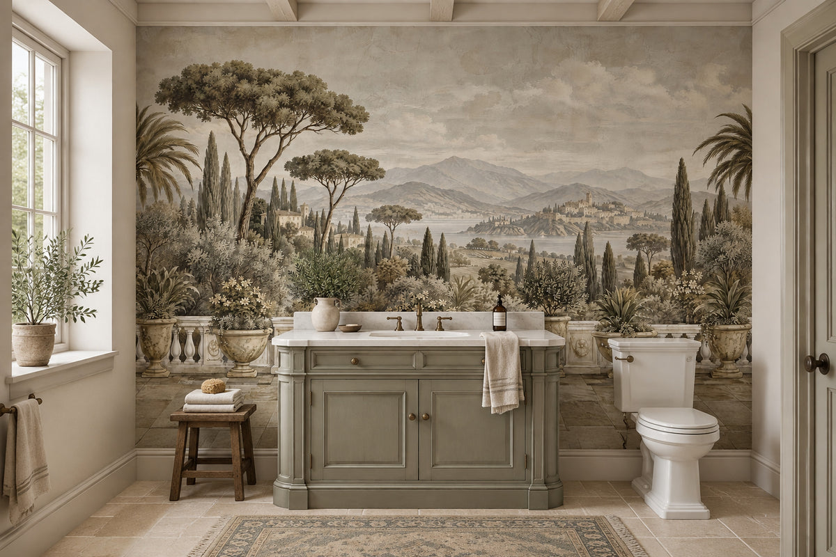 Tuscan Terrace Landscape Wallpaper Mural In Sepia Beige Vintage Inspired Fresco Style