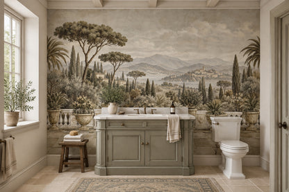 Tuscan Terrace Landscape Wallpaper Mural In Sepia Beige Vintage Inspired Fresco Style